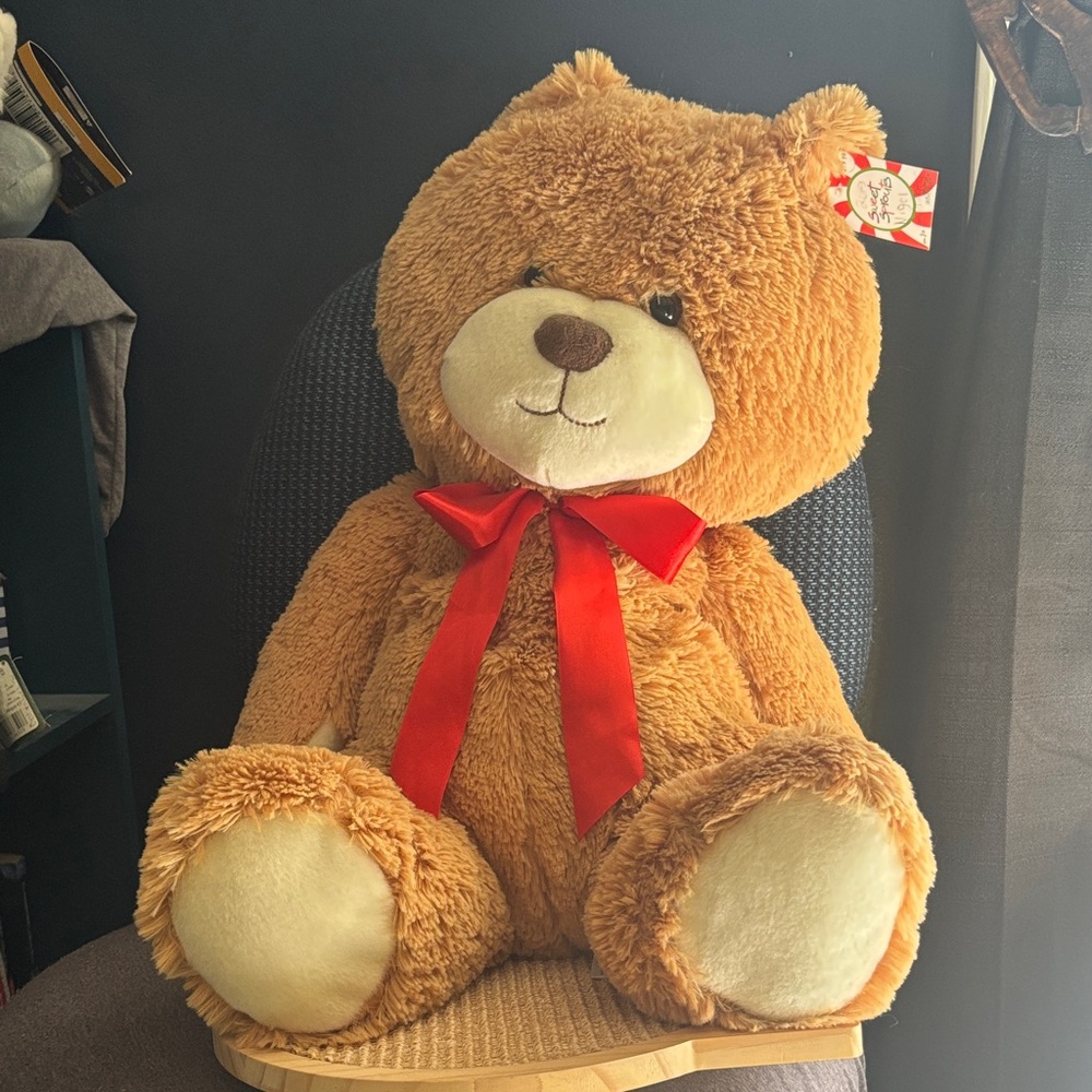 Plush Tan Teddy Bear with Red Bow
